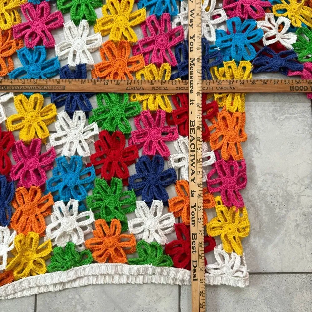 VINTAGE 80s Floral Crochet Mesh Handknit Unique Sweater Size XL Multicolor RARE